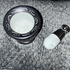 Hand-Painted Black Mortar and Pestle with White Accents
